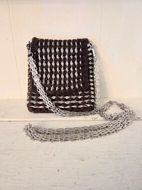 Handmade Pop Tab Crochet Crossbody Bag Brown Silver Chain Purse Boho Recycled